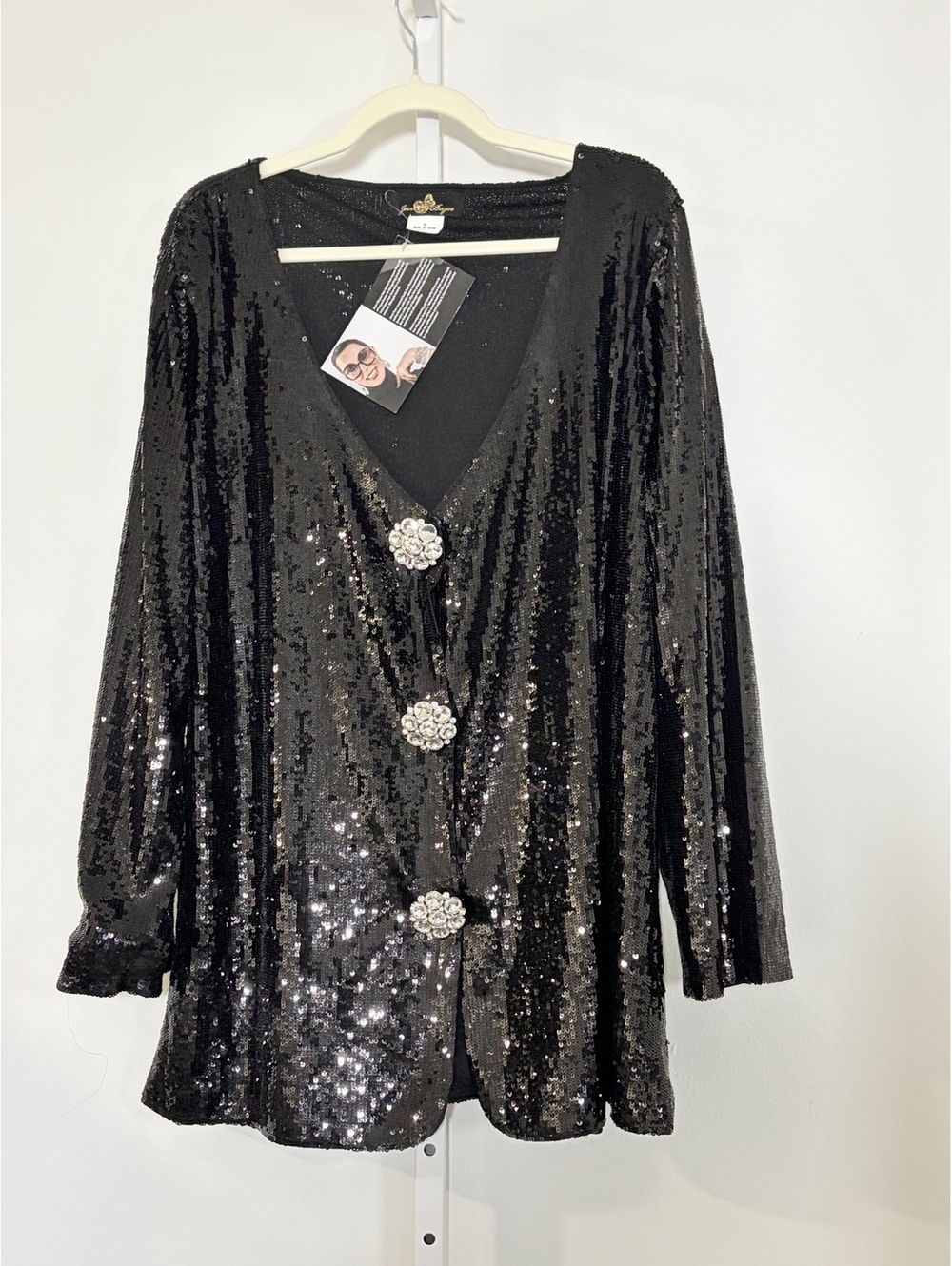 Joan Boyce Women's size XL Black Sequin Jacket with Large Rhinestone Buttons - Picture 2 of 16